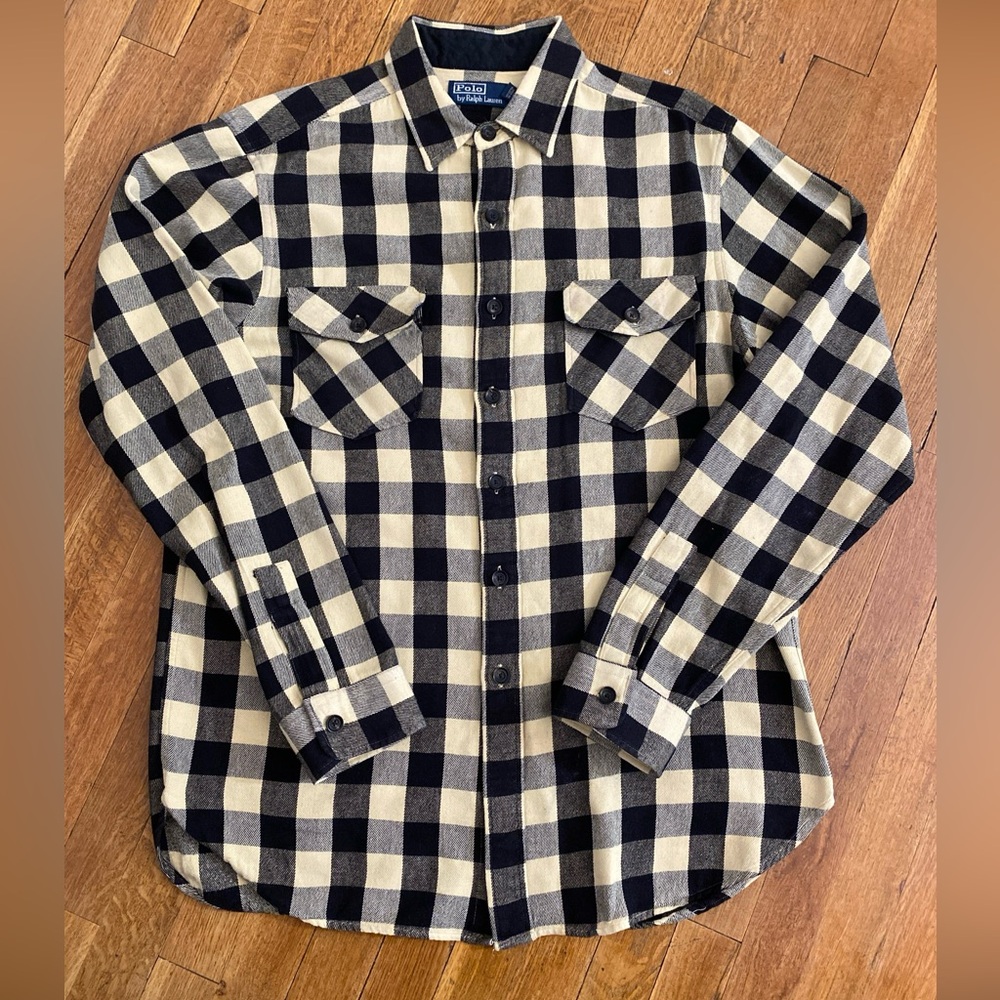 Polo Ralph Lauren Black & Cream Plaid Work Shirt Big Button Men’s Size Large